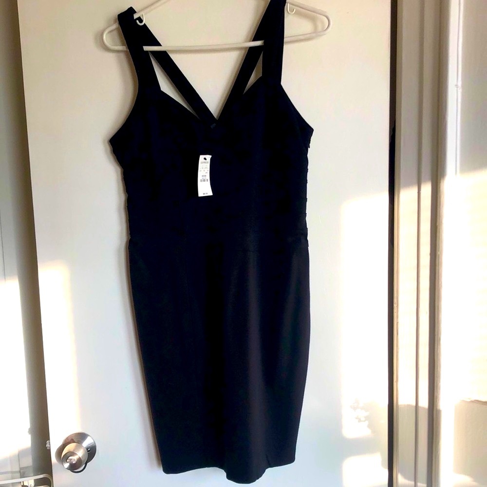 Express Black dress, body con, strappy back detail, size medium